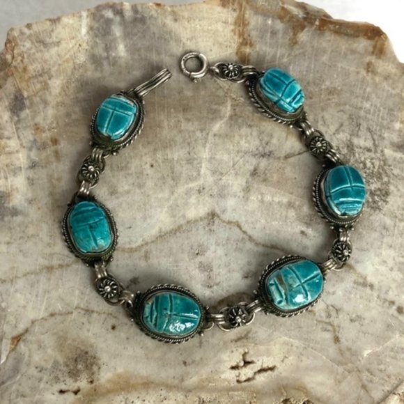 VTG Sterling Silver 925 Faience Glazed Ceramic Blue Scarab Link Bracelet 7" - Picture 5 of 16